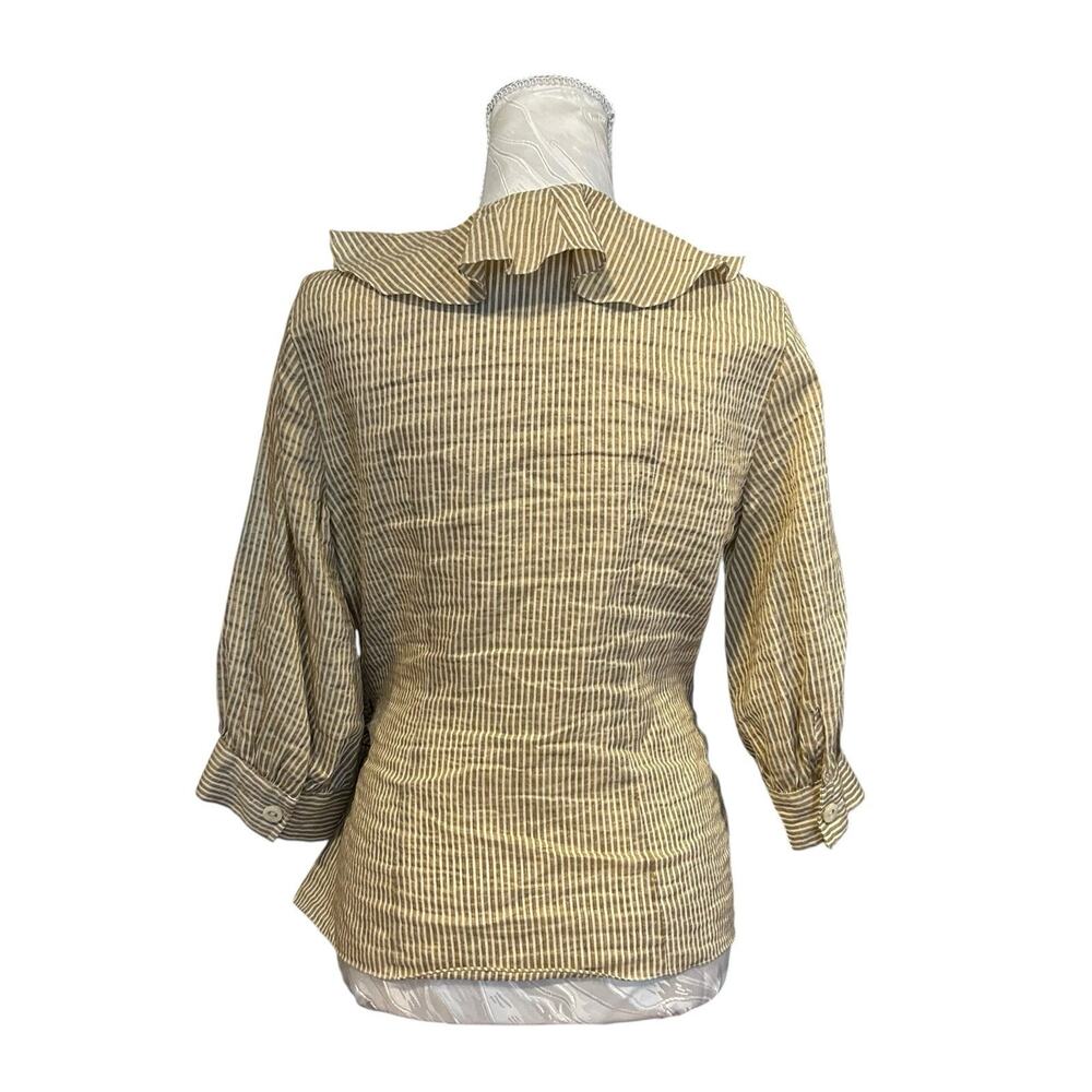 Vintage 90s Metallic Gold Stripe Wrap Blouse Ruffle Collar Bishop Sleeve Size 4 - Picture 3 of 14